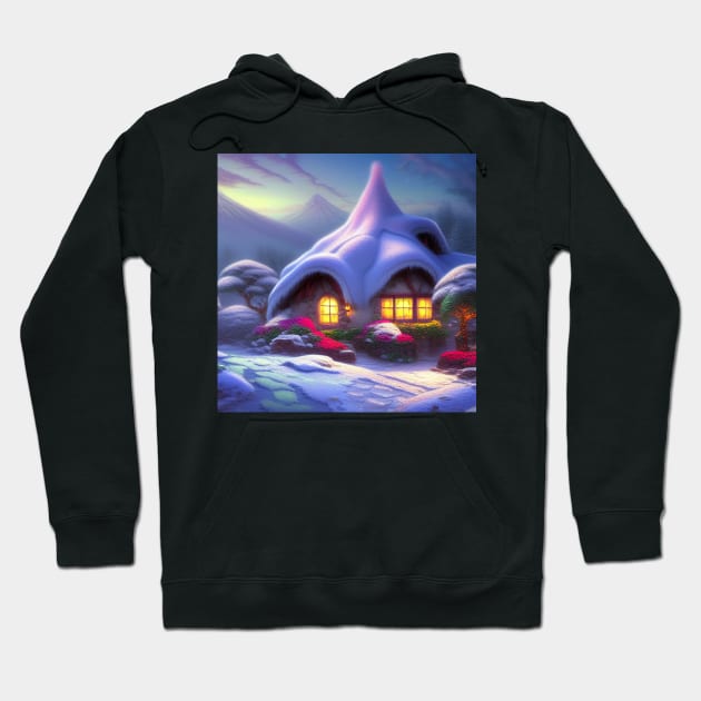 Magical Fantasy Cottage with Lights In A Snowy Scene, Scenery Nature Hoodie by Promen Art